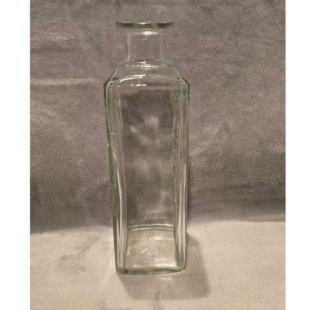 Vintage Clear Glass Square Decanter Embossed Coin Medallions 8.75